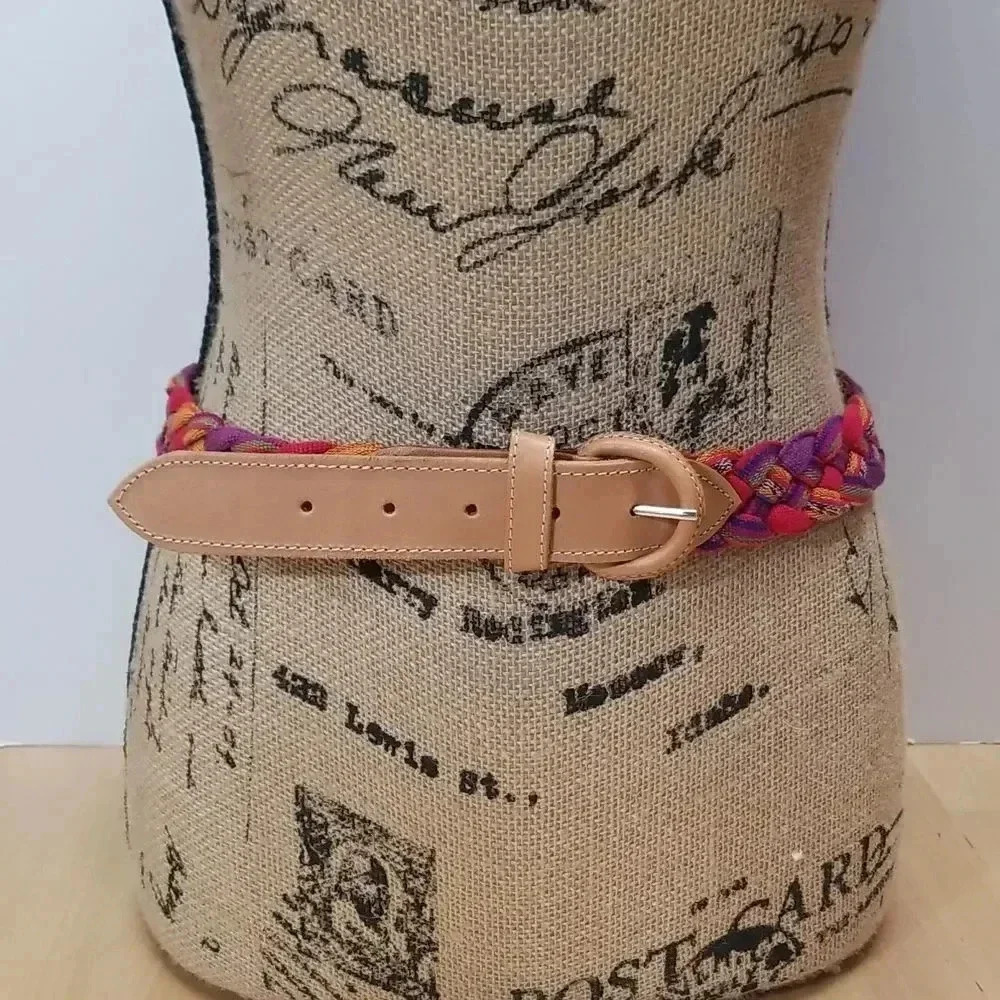 Multi-colored Braided Woven Rope and Leather Belt in Size Medium